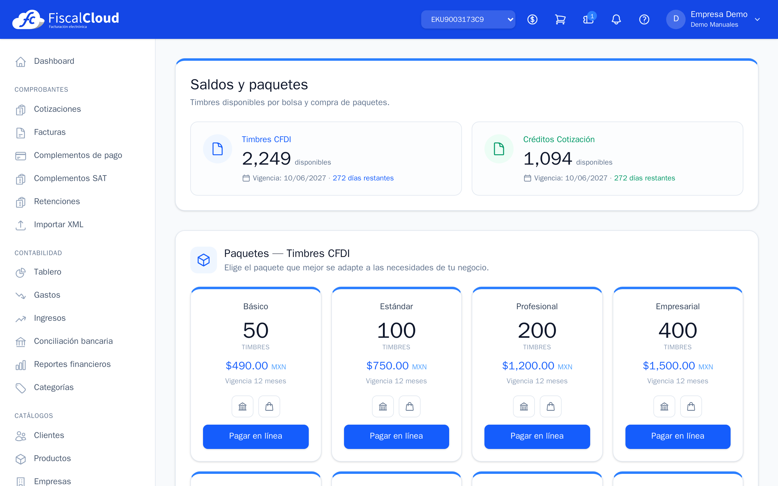 Pantalla de saldos y paquetes